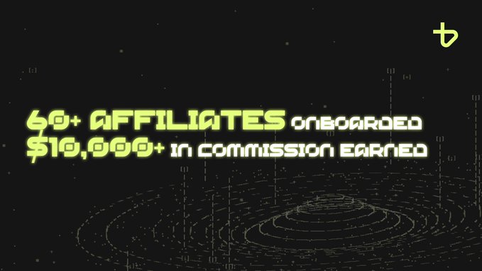 A neon-styled graphic displaying '60+ Affiliates Onboarded, $10,000+ in Commission Earned' with a digital spiral background.