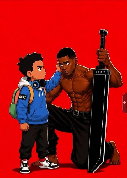 Cartoon illustration of a young boy in a blue hoodie with 'CHUKS' written on it, standing next to a muscular shirtless man holding a large sword against a red background.
