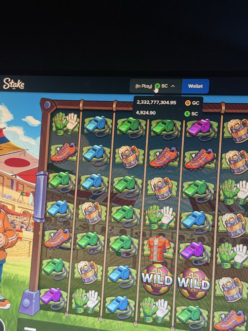 Screenshot of a Stake.com soccer-themed slot game showing sports equipment symbols (shoes, gloves, whistles, jerseys) with Wild symbols and a wallet balance of 2,332,777,304.95 GC / 4,924.90 SC.