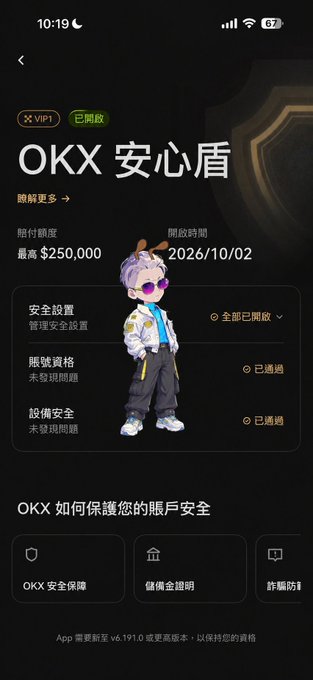 A smartphone screen displaying the OKX crypto exchange app in Chinese, showing "OKX 安心盾" security feature with a cartoon character and text including "VIP1", "賠償額度 最高 $250,000", and "OKX 如何保護您的帳戶安全".
