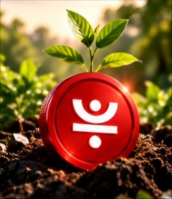 A red circular token with a white symbol resembling a stylized person emerges from soil with a green sprout growing from its top, set in a garden at sunset.