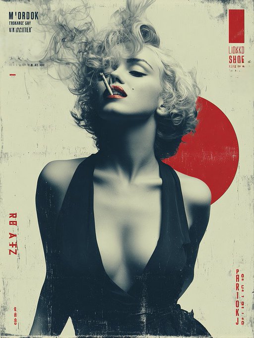 A stylized pop-art poster depicts a blonde woman in a black dress with a cigarette, set against a cream background with a red circle and text including 'M'ORDOK', 'LICKED SHOE', and 'PERI-DKID'.
