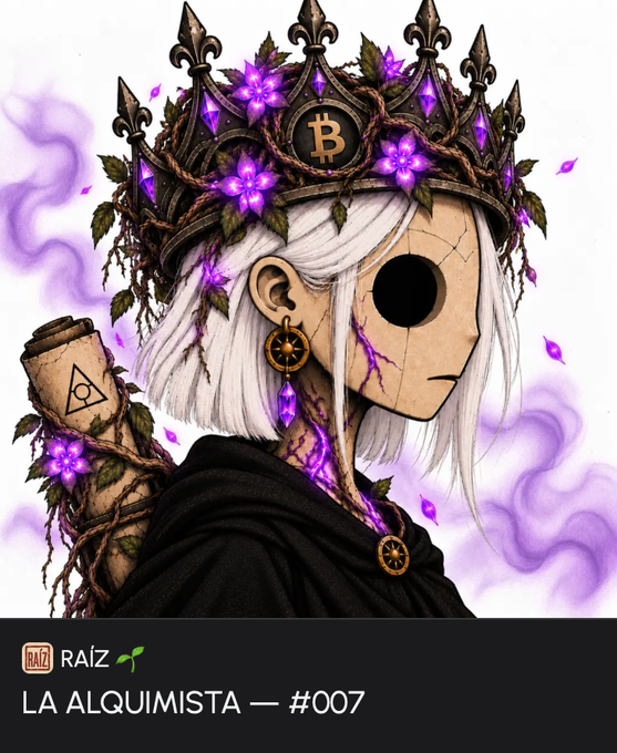 An artistic illustration titled "LA ALQUIMISTA — #007" from RAIZ, depicting a white-haired figure with a cracked mask face wearing an ornate crown adorned with a Bitcoin symbol and purple flowers.