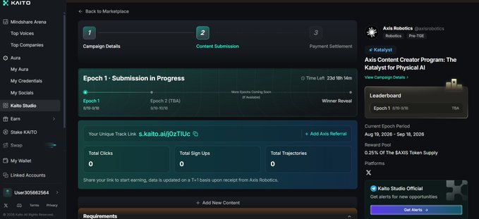A Kaito platform interface showing an 'Epoch 1 - Submission in Progress' for the 'Axis Content Creator Program: The Katalyst for Physical AI' by Axis Robotics.