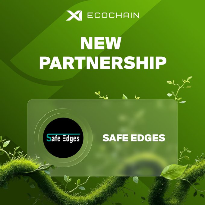 The image is a partnership announcement graphic featuring the EcoChain logo at the top with bold "NEW PARTNERSHIP" text, alongside the Safe Edges logo and name displayed on a green, nature-inspired background. It visually promotes the strategic collaboration between EcoChain and Safe Edges, with the accompanying post elaborating that Safe Edges is a Web3 cybersecurity firm joining as an official security partner for smart contract audits and protocol verification.