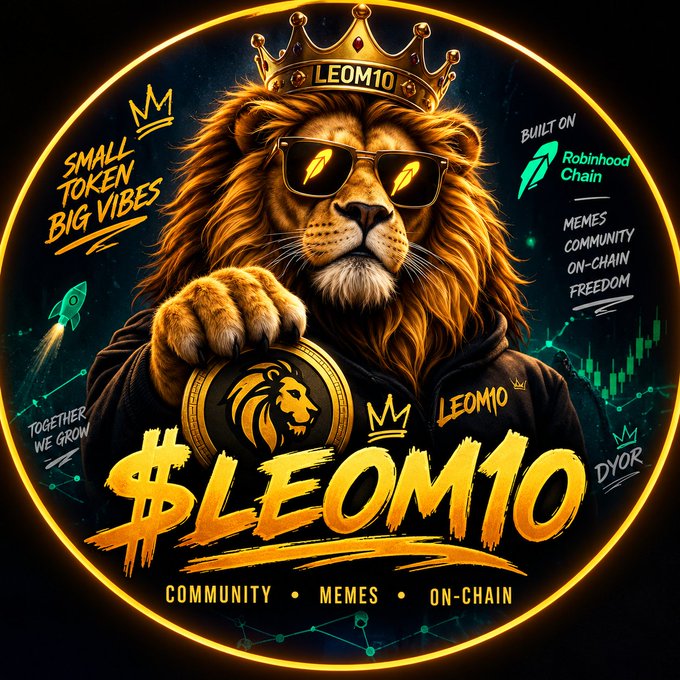 A promotional graphic for the cryptocurrency "$LEOM10" featuring a lion wearing sunglasses and a crown holding a coin, with text including "SMALL TOKEN BIG VIBES" and "BUILT ON Robinhood Chain".