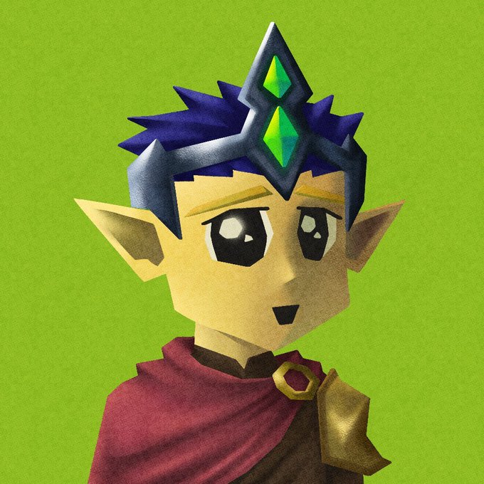 A 3D rendered character with blue spiky hair, a crown with a green gem, pointed elf-like ears, and a red cape against a green background.