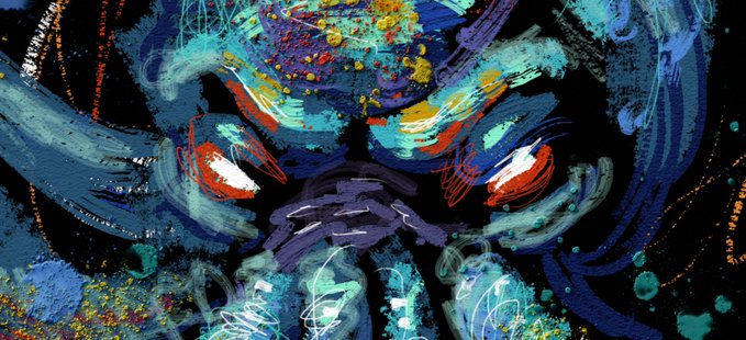 A pixel art style image of a monstrous face with glowing red and white eyes, rendered in dark blue, black, and yellow tones.