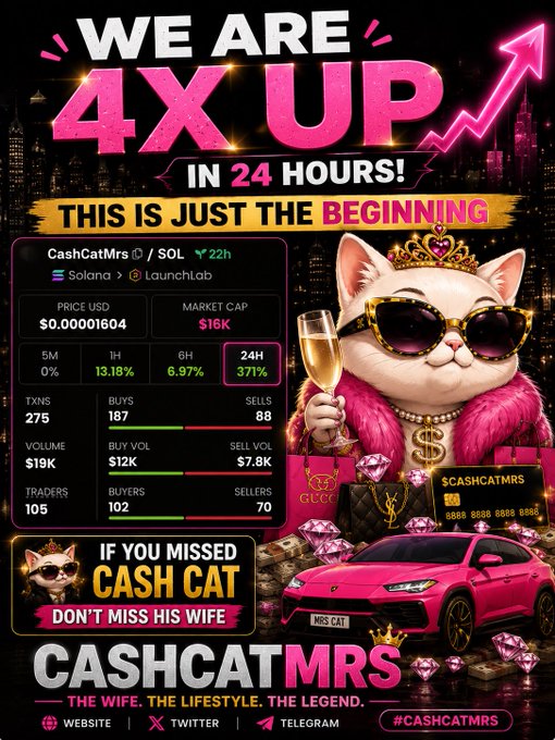 A promotional image for $CashCatMrs token showing 'WE ARE 4X UP IN 24 HOURS!' with a market cap of $16K, 24H gain of 371%, and the tagline 'THE WIFE. THE LIFESTYLE. THE LEGEND.'