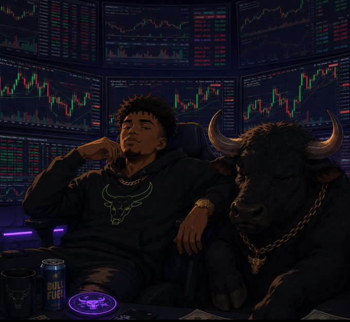 A digital illustration of a young man wearing a black Bulls hoodie sitting next to a black bull with a gold chain, surrounded by stock market screens, with a "BULL FUEL" energy drink on the desk.