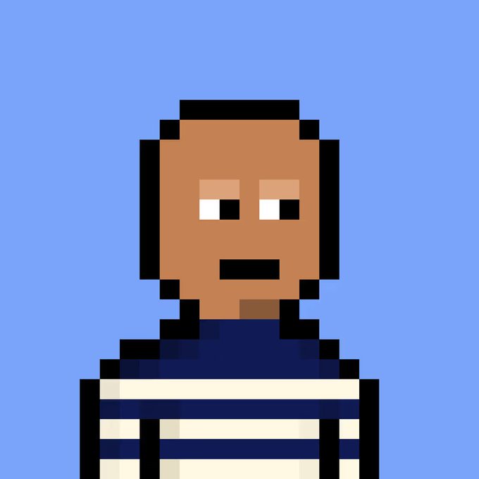 A low-resolution pixel art portrait of a bald person with brown skin wearing a blue and white striped shirt, set against a solid blue background.