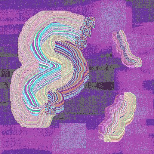 The image features a purple background with various shapes, including squares, rectangles, and lines of different colors such as pink, blue, green, and yellow. The shapes are arranged in an abstract manner that creates a sense of movement or flow. The caption reads "Gm gm frens. Got coffee? Happy #TEZOSTUESDAY Bacteria Rave - 3 xtz". This phrase is related to the image as it seems to be a reference to the post about bacteria and tezostewsday.