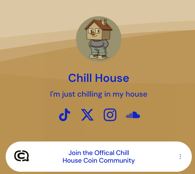 The image shows a post on social media, possibly a Twitter post or a Facebook status update, that reads "Chill House" followed by a list of icons including a house icon, a t-shirt icon, an Instagram icon, and a YouTube video. The text in the post is in white, while the icons are in blue. The post seems to be promoting a Chill House account or event, as it includes various social media icons that represent different platforms like Twitter, Facebook, Instagram, and YouTube.