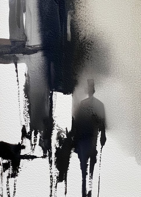 A shadowy figure stands amid black ink drips bleeding down a textured white surface, evoking a sense of melancholic observation of decay. The haunting silhouette mirrors the post's poetic reflection on a "Witness" who surveys loss and remnants, visually embodying the lingering presence suggested by the accompanying Min token bid text.