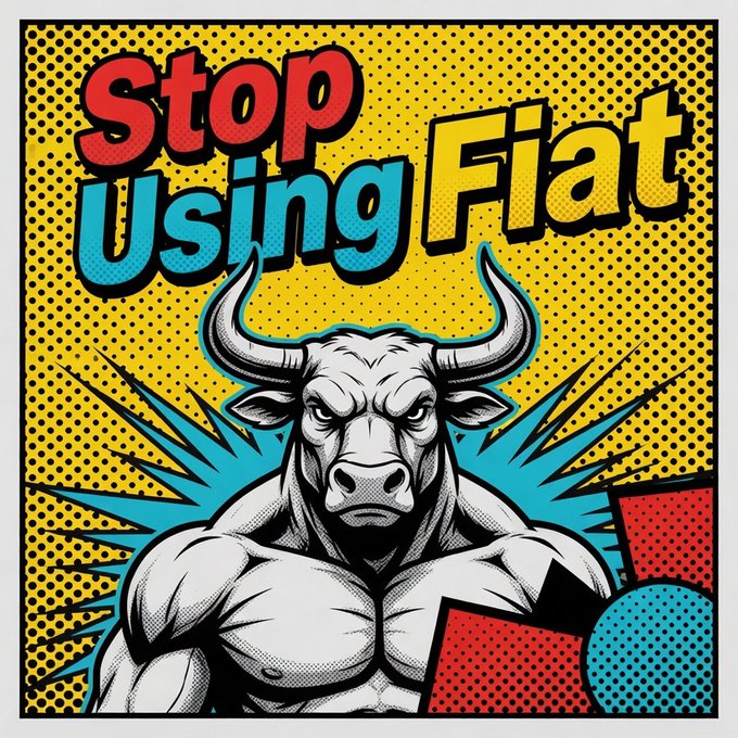 A pop-art style illustration of a muscular bull with the bold text 'Stop Using Fiat' set against a yellow halftone dotted background.