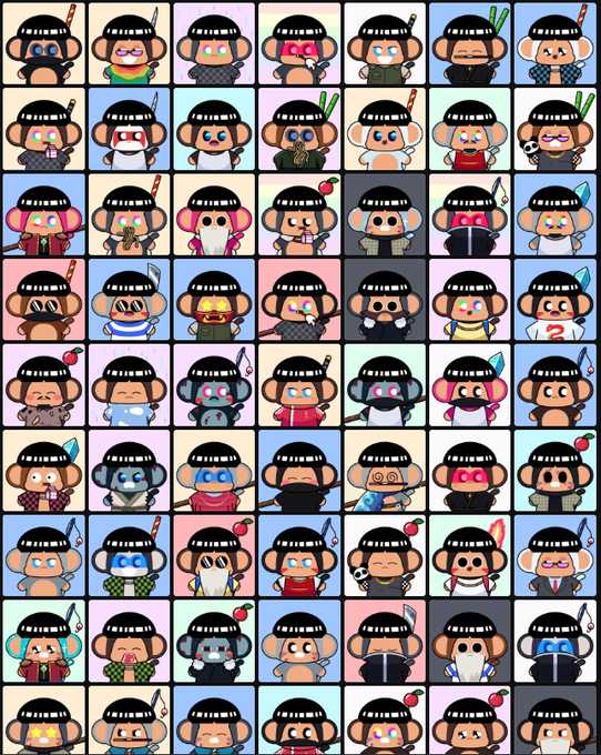 A grid of 70 pixel-art chimpanzee NFT characters from the ChimpersHQ collection, each displaying unique trait variations including the featured "Bowl Cut"/"Edgar Cut" hairstyle referenced in the post. The colorful 10x7 array showcases the diversity of attributes (backgrounds, clothing, accessories, and facial features) that give each chimp its individual identity within the collection.