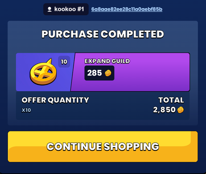 A 'Purchase Completed' confirmation screen from a mobile game showing a transaction of 10 Expand Guild items at 285 coins each, totaling 2,850 coins, with a 'Continue Shopping' button.