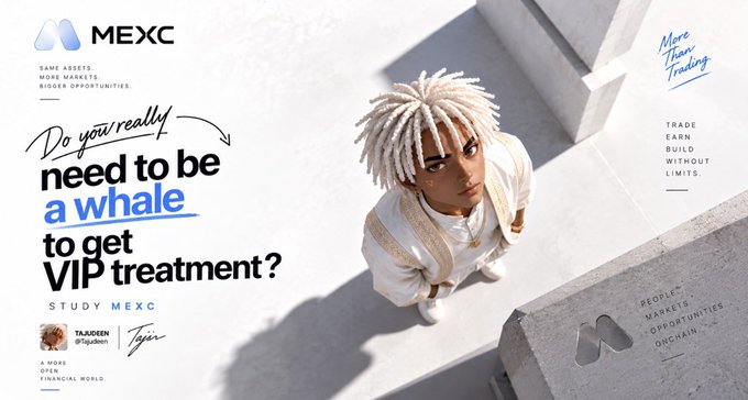A promotional banner for MEXC features a stylized 3D character with white dreadlocks looking upward alongside bold text asking, "Do you really need to be a whale to get VIP treatment?" The ad highlights MEXC's "More Than Trading" philosophy with slogans like "Same assets, more markets, bigger opportunities" and "Trade, earn, build without limits," reinforcing the post's message that VVIP access shouldn't require massive holdings to receive premium benefits.