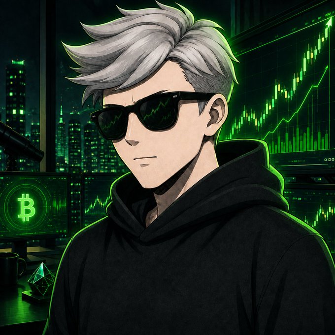 An anime-style illustration of a silver-haired man in a black hoodie and sunglasses, set against a background of green cryptocurrency trading charts and a Bitcoin logo.