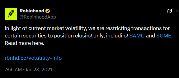 The image is a January 28, 2021 tweet from Robinhood (@RobinhoodApp) announcing that due to market volatility, they were restricting transactions to position closing only for certain securities, specifically including $AMC and $GME. The accompanying angry post references this decision, directly calling out Robinhood's CEO Vlad Tenev and condemning the company's controversial restriction of trading during the meme stock frenzy.