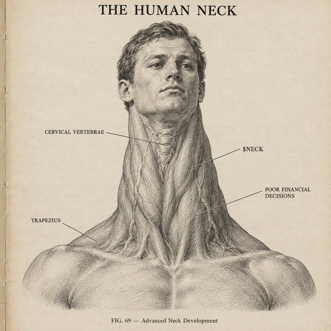 A humorous anatomical illustration titled 'THE HUMAN NECK,' labeling 'POOR FINANCIAL DECISIONS' as a neck muscle alongside 'TRAPEZIUS' and 'CERVICAL VERTEBRAE.'