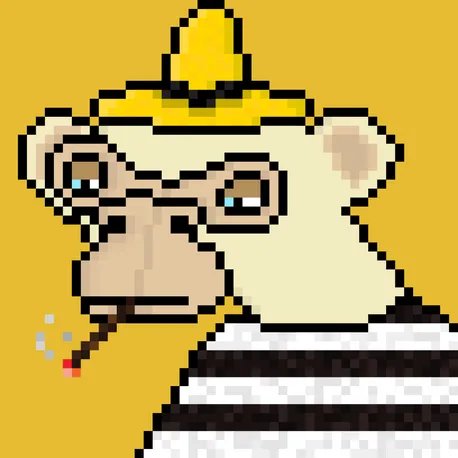 A pixel art illustration of a monkey wearing a yellow banana hat, smoking a cigarette, and wearing a striped shirt.