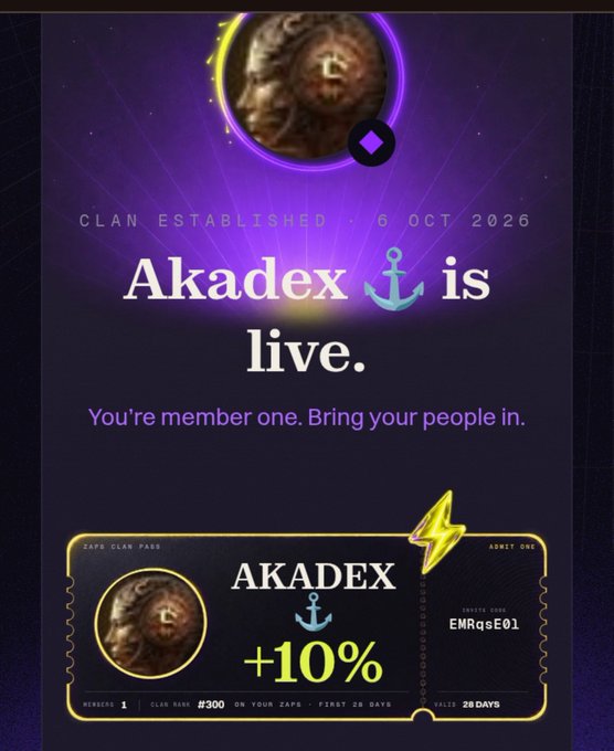 An announcement graphic for 'Akadex' clan established on '6 OCT 2026', featuring an invite code 'EMRqsE0l' and a +10% bonus for clan pass members.