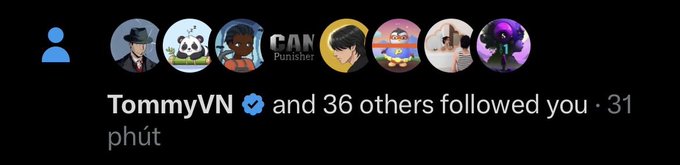Instagram notification showing that verified user TommyVN and 36 others followed the account 31 minutes ago.