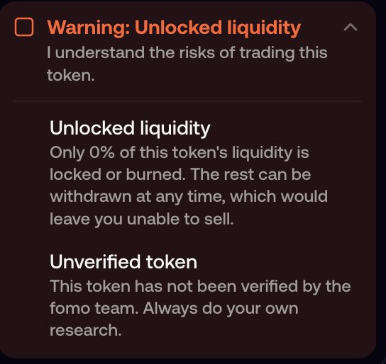 A warning alert from Fomo showing that "$pipedog" has 0% locked or burned liquidity and is an unverified token. This visually supports the post's claim about the token having fake lock addresses and represents a scam risk being traded despite the red flags.