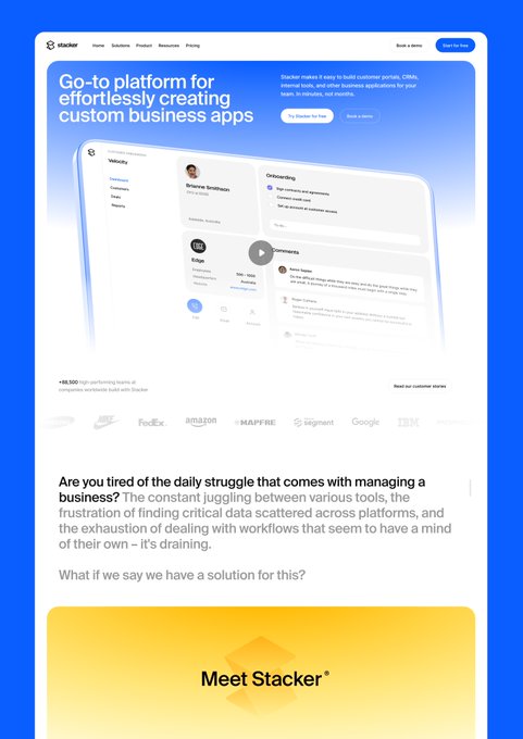 Stacker website homepage featuring 'Go-to platform for effortlessly creating custom business apps' and 'Are you tired of the daily struggle that comes with managing a business?', with logos for FedEx, Amazon, and MAPFRE.