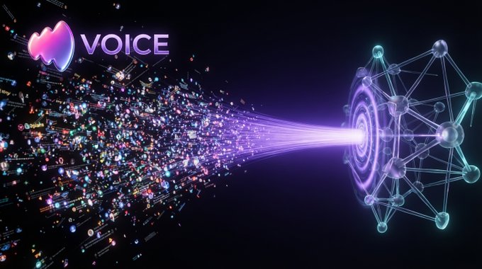 A graphic featuring the 'VOiCE' logo with colorful data streams flowing toward a glowing neural network/AI sphere on the right side against a dark background.