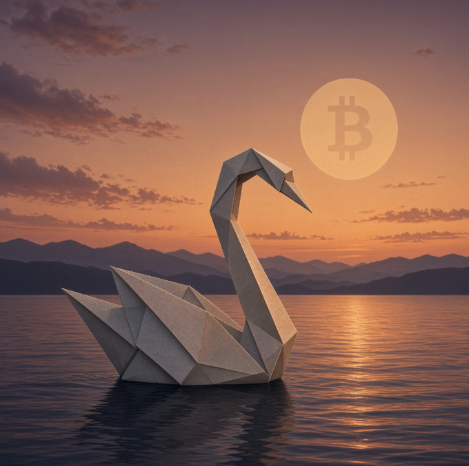 A paper origami swan floats on a calm lake at sunset, with a large orange moon displaying the Bitcoin (₿) symbol in the sky and mountains in the background.