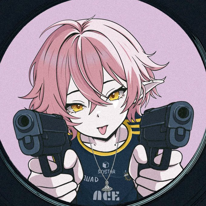 An anime-style illustration shows a pink-haired character with pointed ears and golden eyes playfully pointing two handguns at the viewer, their tongue sticking out. Visible text on their shirt reads "SKYSTAR," "SQUAD," and "ACE," with a small pendant necklace and choker, framing the edgy yet cute aesthetic referenced in the "Cute momo" caption.