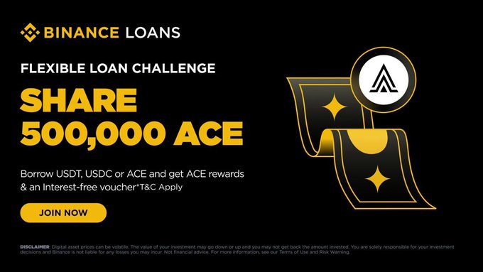 A promotional banner for 'BINANCE LOANS' advertising a 'FLEXIBLE LOAN CHALLENGE' with a prize pool of 'SHARE 500,000 ACE' for borrowing USDT, USDC, or ACE tokens.
