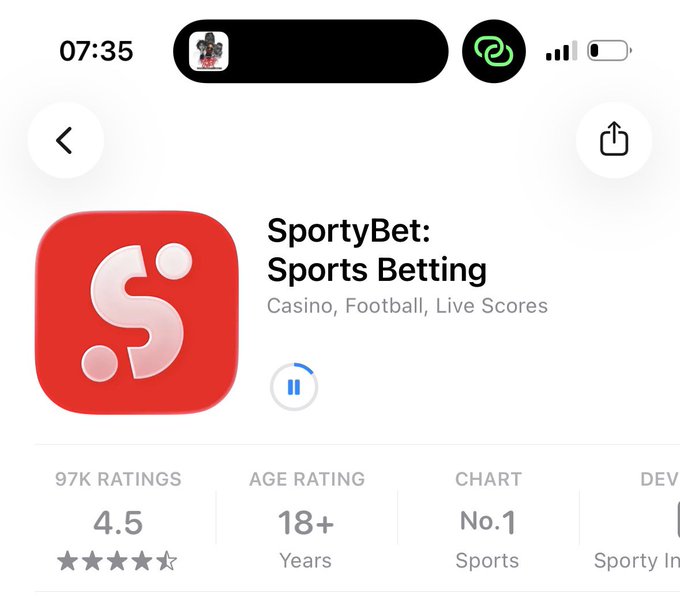 An App Store listing showing the SportyBet: Sports Betting app with a 4.5 rating from 97K ratings, age rating 18+, and chart position No.1 in Sports.
