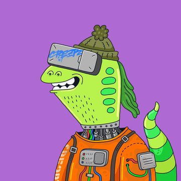 A cartoon illustration of a green dinosaur character wearing a beanie, futuristic sunglasses, and an orange space suit with mechanical details, on a purple background.
