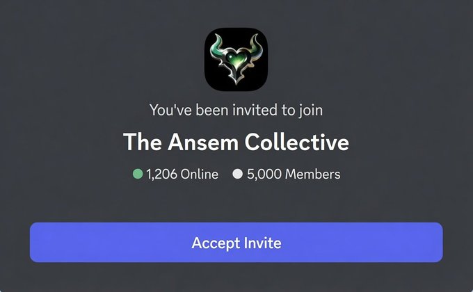 A Discord invite screen for "The Ansem Collective" showing 1,206 users online and 5,000 total members, with an "Accept Invite" button—visually confirming the milestone announced in the post about the $ANSEM server reaching 5,000 members just hours after launch.