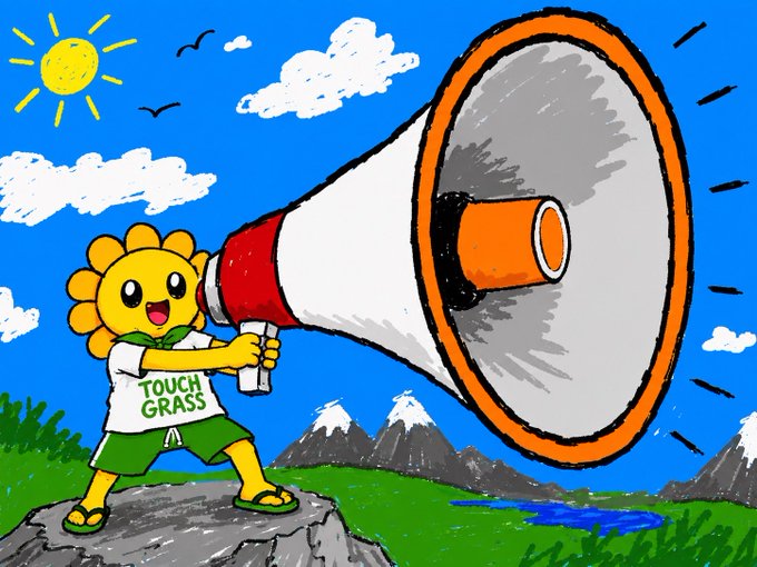 A cartoon sunflower mascot standing on a rock holding a large megaphone, wearing a white shirt reading 'TOUCH GRASS' and green shorts, set against a landscape with mountains and a sunny sky.