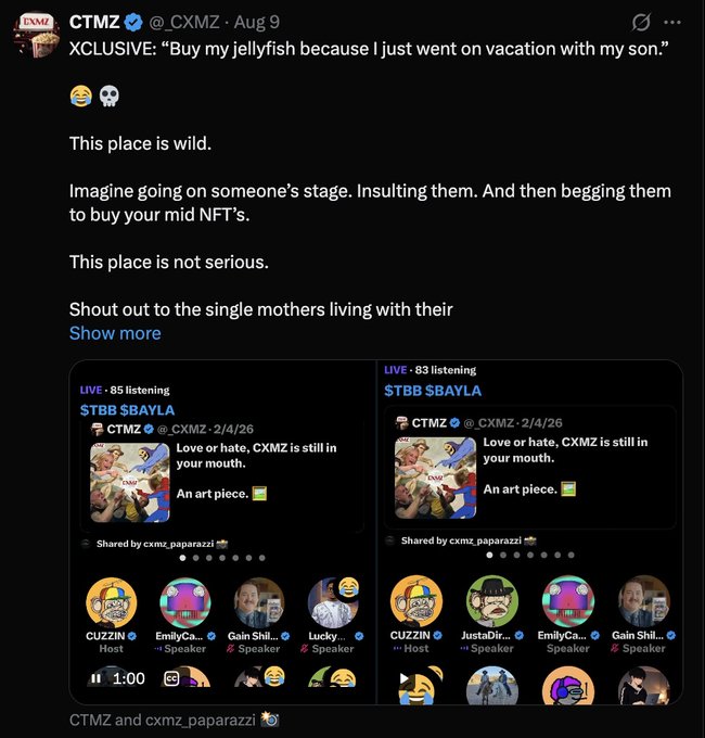 A tweet from CTMZ (@CXMZ) critiquing NFT culture, with text reading 'XCLUSIVE: Buy my jellyfish because I just went on vacation with my son' and mocking someone for insulting on stage then begging to buy mid NFTs, alongside screenshots of Spaces called 'STBB $BAYLA' hosted by CTMZ and cxmz_paparazzi.