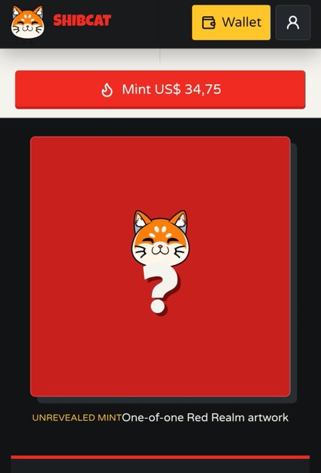 A screenshot of the 'SHIBCAT' NFT minting website featuring a red card with a cat face and question mark, labeled 'UNREVEALED MINTOne-of-one Red Realm artwork' priced at 'Mint US$ 34,75'.