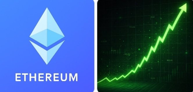 A split image with the Ethereum logo and 'ETHEREUM' text on a blue background on the left, and a green upward-trending price chart on a dark background on the right.