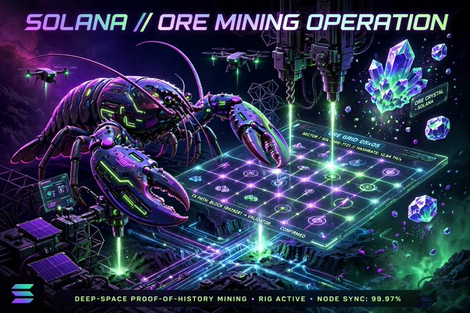 A vibrant cyberpunk-style graphic titled 'SOLANA // ORE MINING OPERATION' depicts a robotic lobster mining crystal on a glowing grid with text: 'DEEP-SPACE PROOF-OF-HISTORY MINING • RIG ACTIVE • NODE SYNC: 99.97%'.