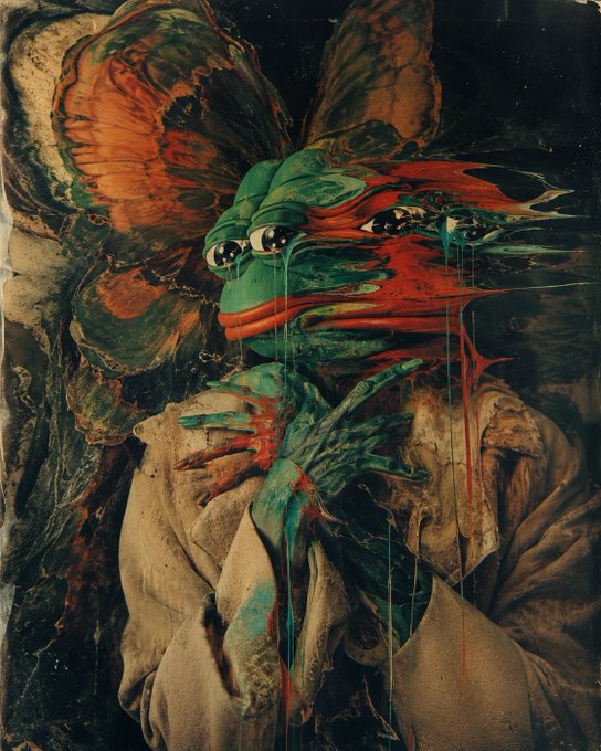 A mixed-media artwork depicting a grotesque green frog-like creature with multiple eyes and red dripping paint, posed in front of an aged portrait.