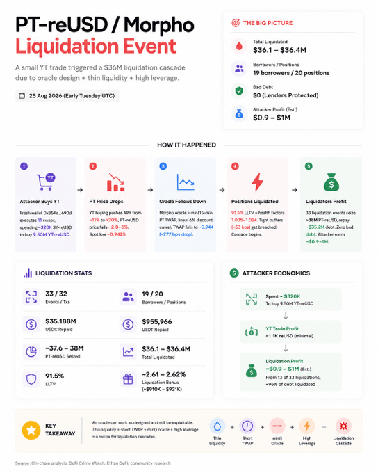 Infographic titled 'PT-reUSD / Morpho Liquidation Event' detailing how a small YT trade triggered a $36M liquidation cascade on 25 Aug 2026, with stats showing 33 liquidation events, 19 borrowers affected, $36.1-36.4M total liquidated, and attacker profits of ~$0.9-1M.