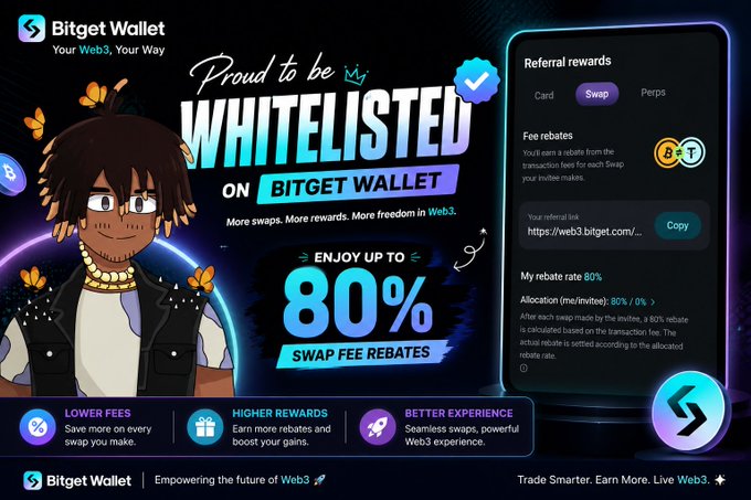 The image features a poster for Bitget Wallet, which promotes the use of whitelisted wallets for trading. The poster includes a cartoon character wearing a leather jacket and has text that reads "Proud to be Whitelisted on Bitget Wallet". The poster also highlights the benefits of using whitelisted wallets, such as lower fees and higher rewards due to the secure nature of these wallets.