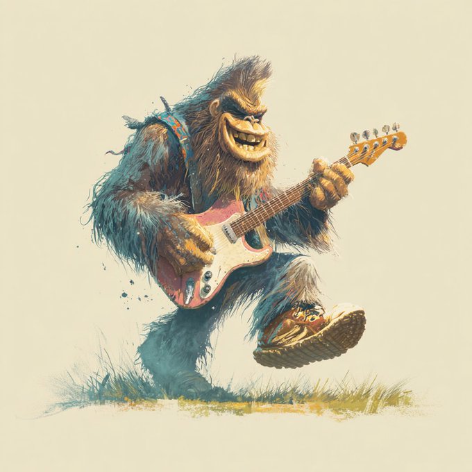 A bigfoot-like creature joyfully strums a red and white electric guitar mid-stride, with a wide grin on its furry face. The playful illustration matches the upbeat, community-driven vibe of the "$MfT" post celebrating the famitree community's ongoing building and good vibes.