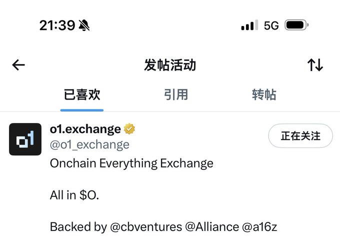 A Twitter/X post screenshot showing the account 'o1.exchange' (@o1_exchange) describing itself as 'Onchain Everything Exchange - All in $0,' backed by @cbventures @Alliance @a16z.