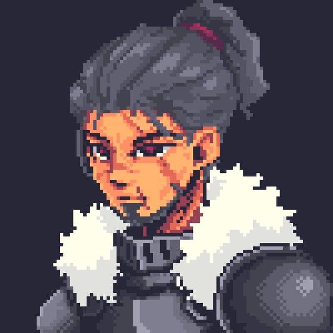 A pixel art portrait of a stern woman with dark hair tied in a bun, glowing red eyes, and wearing armor with a white fur collar, set against a dark background—evoking the "Enter the Ashland" theme from the Ash NFT collection promotion on OpenSea.
