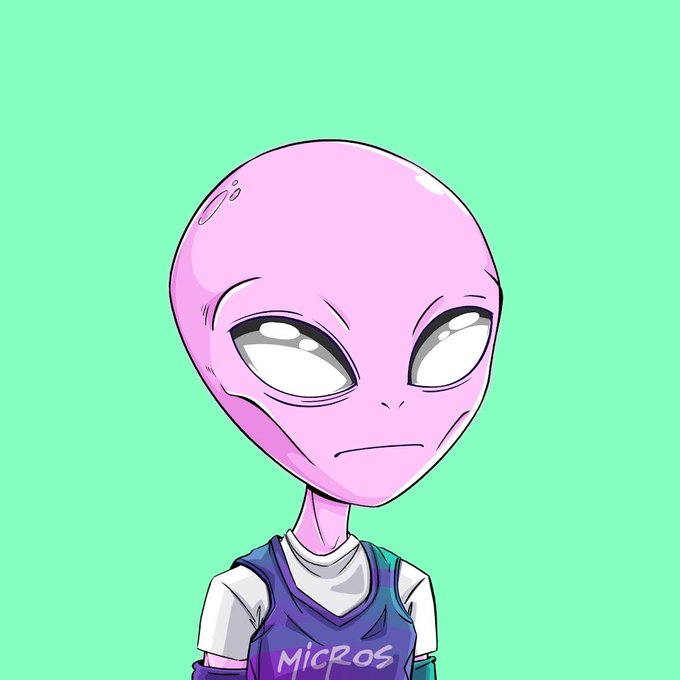A cartoon illustration of a pink alien-like character with a large head and large eyes wearing a purple jersey with 'MicRos' written on it, set against a mint green background.