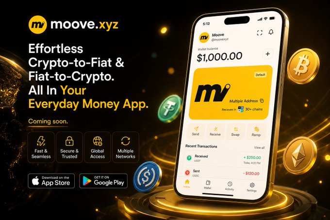 The image features a cell phone displaying an app called "Moove" along with some Bitcoins scattered around it, suggesting that the user might be interested in cryptocurrency or using the Moove app for transactions involving Bitcoin. The text at the bottom of the image reads "One of the biggest barriers in crypto has always been moving between fiat and stablecoins. Too many apps. Too many steps. Too much friction." This could imply that the current state of the app might be challenging to use or navigate, possibly due to a lack of user-friendly interface design or excessive complexity. The Moove Ramp beta launch is intended to address these issues by simplifying the process and reducing friction for users who want to easily move between fiat and stablecoins using the app.